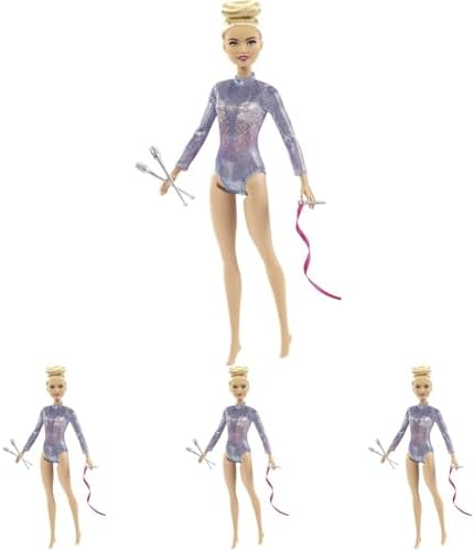 Barbie Rhythmic Gymnast Blonde Doll (12-in/30.40-cm) with Colorful Metallic Leotard, 2 Clubs & Ribbon Accessory, Great Gift for Ages 3 Years Old & Up, GTN65 (Pack of 4)