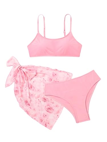 Image of OYOANGLE Girl's 3 Piece Bathing Suits Spaghetti Straps Wireless Mid Rise Swimsuits with Mesh Cover Up Skirt Pink 16Y