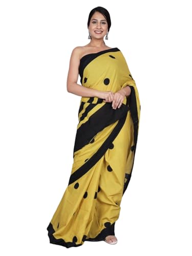 DENMOUS Polka Dot Pure Cotton Handloom Block Print Saree - 26749162, Yellow, One Size