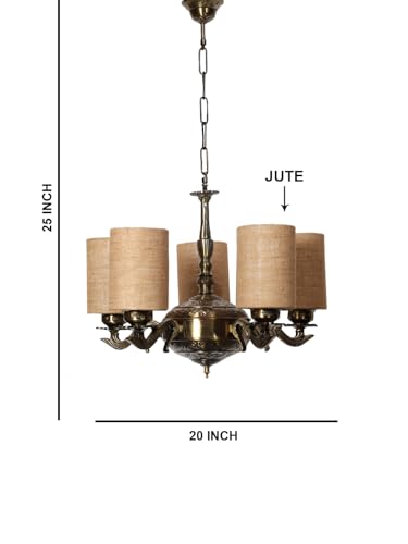 Image of Devansh 05 Lights Beige Jute Round Shade with Antique Golden Chandelier