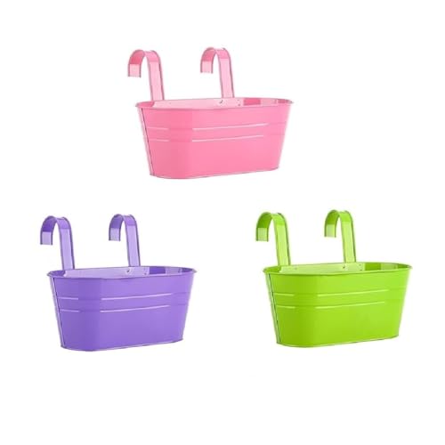 Image of 12 INCH Anti Rust Railing Oval Planter for Balcony & Garden with Detachable Handle | Hanging Flowerpot Holder | Metal Wall Planter for Indoor and Outdoor Decor (Multicolour, 3)