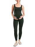 MOMANDA Maternity Jumpsuit Workout Romper for Pregnancy Seamless Leggings Bodysuit Sleeveless Square Neck Tank Top Legend Green Small