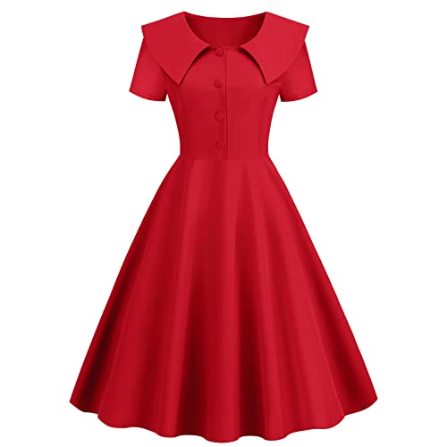 1950er Jahre Kleider für Damen Vintage Rockabilly Kurzarm Tee Party Kleid A Linie Swing Midikleid Cocktailkleid Party Abend Ballkleid, Rot-2, Medium