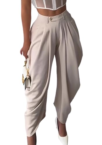 NRTHYE Womens Business Casual Pants Baggy High Waisted Wide Leg Pleated Drapey Harem Tapered Pants Work Trousers