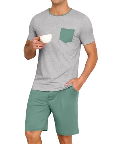 Image of PrinStory Mens Summer Pajamas Set Lightweight Pjs Sets Short Sleeve Pajama Shorts Set Soft Sleepwear Loungewear with Pockets