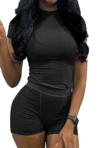 AYWA Two Piece Outfits for Women Fitted Crew Neck T-shirt High Waist Leggings Biker Shorts Matching Sets Streetwear