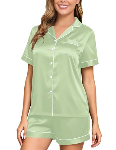 Image of Veseacky Women Satin Pajamas Set 2 Piece Button Down Short Sleeve Soft Sleepwear with Pockets