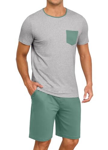 Image of PrinStory Mens Summer Pajamas Set Lightweight Pjs Sets Short Sleeve Pajama Shorts Set Soft Sleepwear Loungewear with Pockets