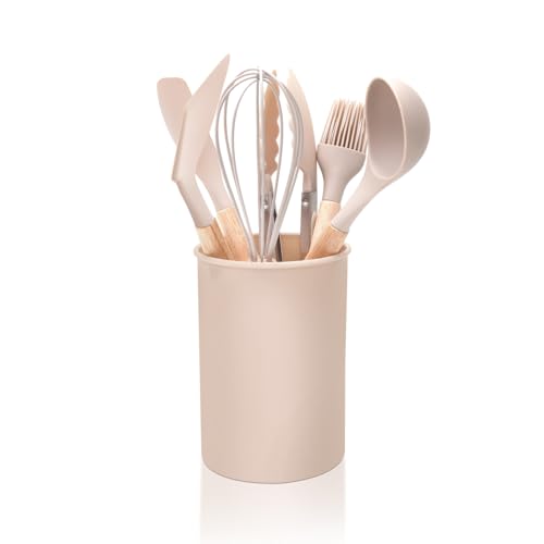 Royalford RF12957 7-Piece Silicone Kitchen Utensils Set with Wooden Handles Heat-Resistant Cooking Tools with Holder Spatula Turner Ladle Oil Brush Whisk & Food Tongs