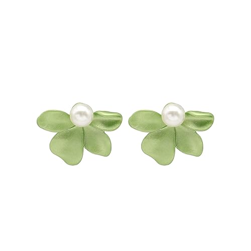 Simple Cute Petal Flower Stud Earrings for Women Hypoallergenic Lightweight Artificial Pearl Earrings Jewelry Gifts (Green)