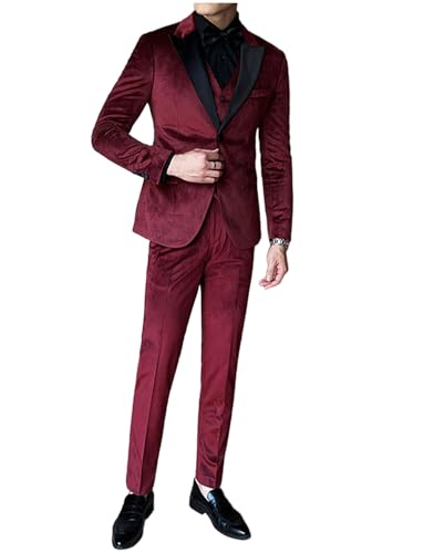 Kromoc Men's Three Pieces Suit Homecoming Peak Lapel Two Buttons Jacket Single Breasted Button Vest Pants Groom