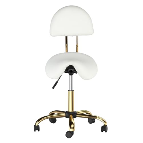 Bonnlo Tabouret de Selle, Tabouret à roulettes Réglable en Hauteur, Tabouret de Bureau Rotation à 360°, Revêtement en PU (Blanc + Or, avec Dossier (66P x 66l x 91H cm))
