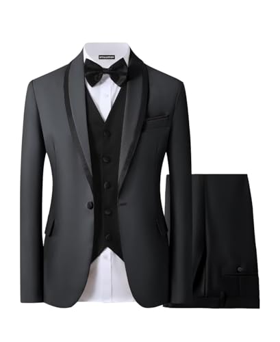 Mens Tuxedo Suits 3 Piece Slim Fit Dinner Prom Suit Shawl Lapel 1 Button Tux Blazer Vest and Pants with Bow Tie