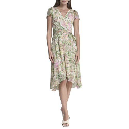 Image of DKNY Women's Flutter Sleeve Surplice Tie Fit & Flare Midi Dress