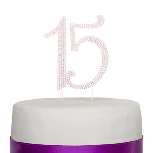 Ella Celebration 15 Cake Topper Rhinestone Rose Gold 15th Birthday Quinceañera Number Decoration (Rose Gold)