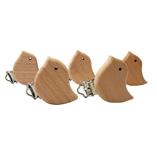 Image of 5pcs Natural Wood Suspender Pacifier Clips Cute Beech Wooden Animal Bird Shape Clips Charm DIY Beading Pacifier Chain Accessory