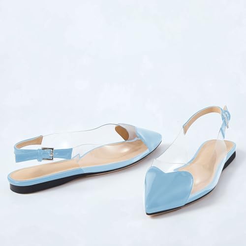 Wrynthevia VogueVent Women's Fashion Pointed Toe Heart Transparent PVC Slingback Flat Shoes Comfort Slip On Cap Toe Clear Ballet Flats Work Wedding Dress Flat Shoes for Women Light Blue Size 92