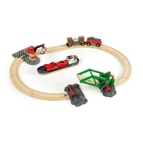 BRIO World 33061 Container Hafen Set - Mit Hafenbrücke und beweglichem Kran zum Beladen des Frachtschiffes - Geeignet für Kinder ab 3 Jahren & Bahn 33534 - Containerschiff mit Kranwagen