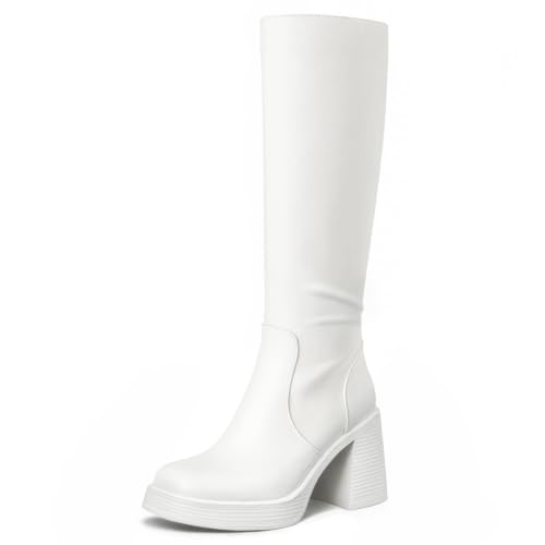 Image of Choiran Knee High Boots for Women - Platform Chunky Square Toe Tall Boots with Block Heeled Side Zipper, Fashion Long Gogo Boots for Spring Fall