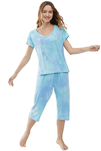 Joyaria Womens Pajama Sets Short Sleeve and Capri Pants Soft Bamboo Viscose 2 Pieces Sleepwear Lounge Set4