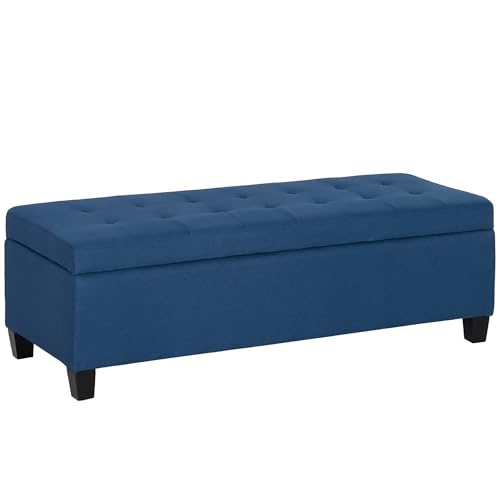 HOMCOM Banc de Rangement 94,5L Banquette Bout de lit Coffre de Rangement avec siège capitonné en Tissu Aspect Lin et Pieds en Bois, pour Salon, Chambre,...
