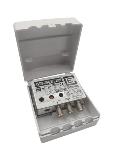 ASS10-UReg(5G)/2OUT - Amplificador de Antena de TV de Poste con Filtro LTE 5G, Amplificador de Antena con 1 Entrada UHF de 10dB, Amplificador de Antena de 10dB a 2 Salidas, Fabricado en Italia