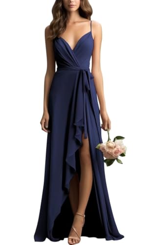 Robe de soirée en mousseline bleu marine 48 : sublimer les formes avec la fente DSJ081