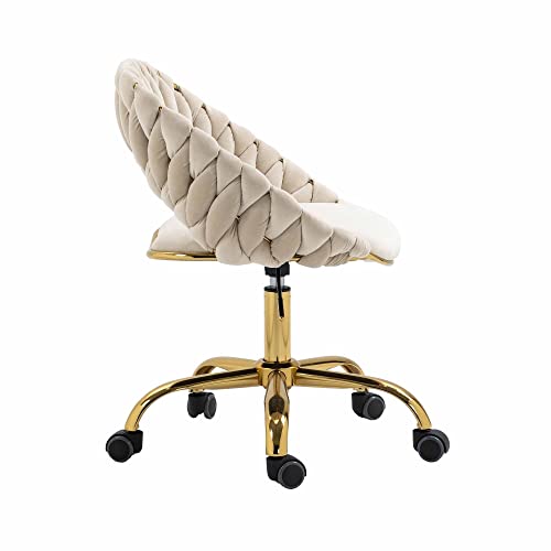 Swivel Office Chair, Velvet Upholstered Desk Chair with 5-Star Metal Base, Modern Accent Computer Chair with Curved Shell Back, Adjustable Height Cute Vanity Chair for Home Office Bedroom, Ivory