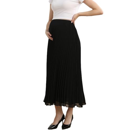 COLOMI Faldas largas para mujer, de verano, maternidad, cintura alta, plisada, de gasa, falda larga acampanada, Negro -, XXL