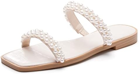 Coutgo Womens Flat Sandals Square Open Toe Pearl Two Strap Slip On Beach Slide Dressy Sandal