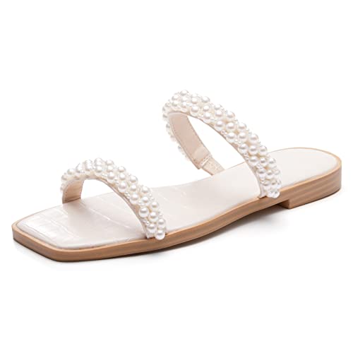 Coutgo Womens Flat Sandals Square Open Toe Pearl Two Strap Slip On Beach Slide Dressy Sandal