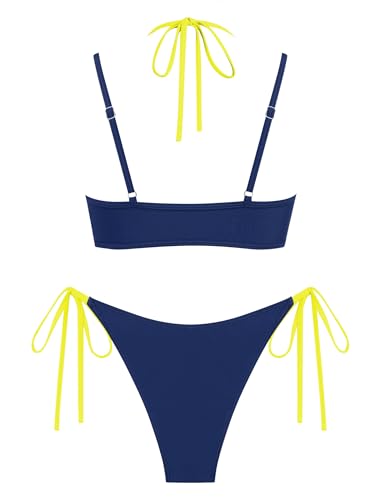 Image of ZAFUL Women's Polka Dot Bikini Set Double Layer Halter Swimsuit Colorblock Side Tie 2 Piece Bathing Suit