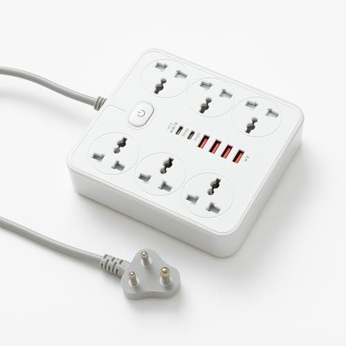 Image of NOJTI Extension Board, Power Strip with 4 USB Ports and 6 Universal Socket, 2500W 10A Extension Cord, 3-Pin Surge Protector Power Strip for Home, Office, Computer, Mobile Charging-Z67-White