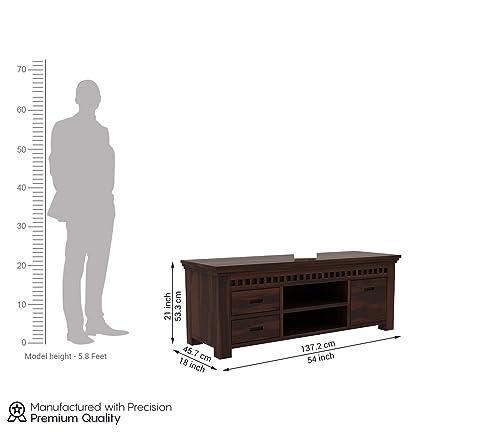 Image of Premium Solid Sheesham Wood TV Unit for Living Room: 2 Drawers, 2 Shelves, and 1-Door Storage - Accommodates up to 50-Inch TV (Declan, Walnut Finish)