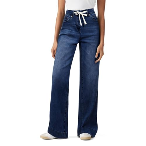 Straight Leg Jeans for Women Baggy Drawstring Adjustable Waist Jeans with Pockets Stretch Cute Wide Leg Denim Pants4