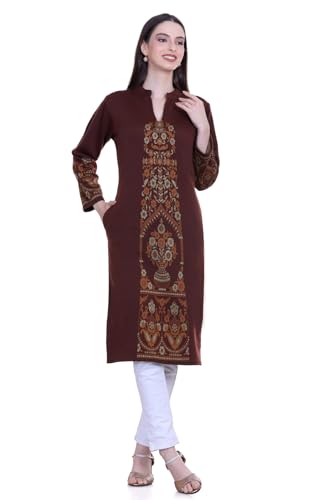Image of Rosary Women's Winter Woolen Kurti Jacquard Straight Fit Ethnic Wear with 2 Side Pockets