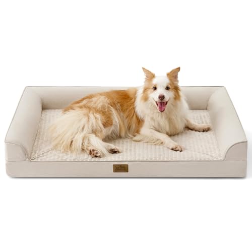COZY KISS Orthopedic Dog Bed, Pet Sofa for Medium or Large Dog, Big Supportive Foam Bolster Couch with Waterproof Lining Cover, Anti-Slip, Washable, U-Shaped, 44x32x7 inch, Beige