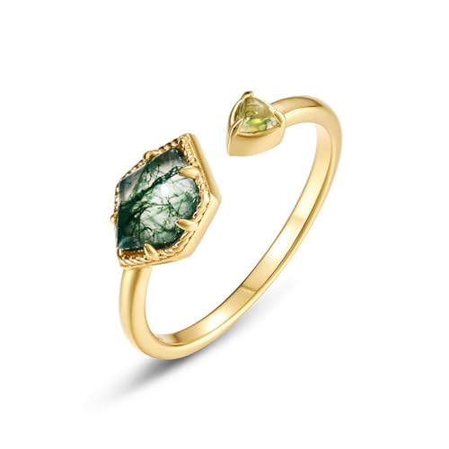 Bague en argent sterling 925 avec agate mousse naturelle plaquée or, bague géométrique en agate mousse verte, ouverture réglable, bague de promesse simple, fiançailles, mariage, Saint-Valentin, for fe