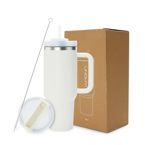Image of 40Oz Stainless Steel Vacuum Insulated Tumbler with Straw and Lid & Handle,Travel Coffee Mugs Cups for Hot Drinks with Handle&Straw Insulated Water Bottle Iced Coffee Cup 1200ML (Cream)