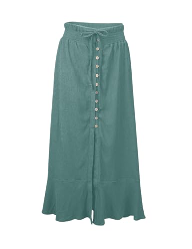 Image of Minclouse Women's Elastic Tie Waist Button Down Maxi Skirts Casual Loose Flowy Swing Slit Front Dress