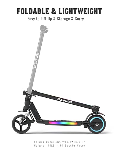 SIMATE Electric Scooter for Kids, Motorized E-Scooters with Colorful Front Light and Pedal Lights, LED Display & Foldable, Dual Braking System, Top 8.7mph & 5 Miles, Gifts for Kids, Girls, Boys, Teens