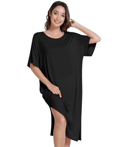 Image of NACHILA Women's Nightgowns-Viscose Made from Bamboo, Soft Sleepshirts Half Sleeve Nightshirt Cool Sleepdress with Pockets