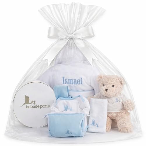 BebeDeParis Canastilla Bebé Recién Nacido Personalizada | Cesta Bebé Niño Niña | Albornoz con el Nombre Bordado | Body | Neceser | Funda | Muselina y Oso de Peluche | 3 a 18 meses (Azul)