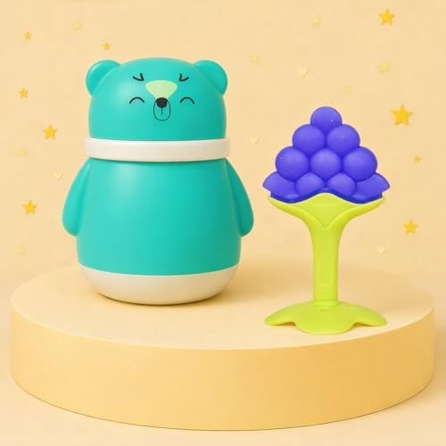 Image of 1 Baby Skin Care Powder Talcum Puff Case Cum Container Box With 1 Soft Silicone Fruit Shape Molar Teething Toy for Toddlers Kids and Infants BPA Free (DESIGN 203)