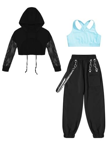 iiniim Girls Jazz Street Dance Outfits 3 Piece Sweatsuits Hip Hop Dance Sweatshirt Sport Bra Jogger Pants Set3