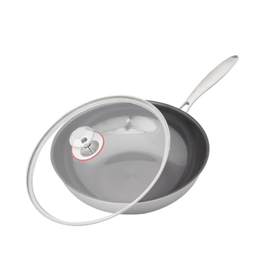 ZOLPINL Wok antiadherente de titanio puro con tapa de vidrio | Hervir a fuego lento y guisado multiusos | Acabado de revestimiento antiadherente | Sartén para todos los tamaños de porciones, A-32 cm