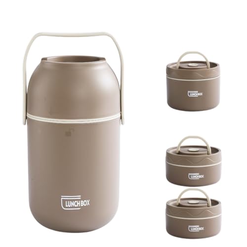 Genérico Termo para Alimentos con Compartimentos, Diseño Agradable y Funcional - Blanco y Beige - 1,2 Litros y 1,5 Litros (2 o 3 recipientes) - Plato incluido y Asa de transporte. (Marron, 1,5 L)