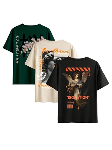 GORGLITTER Men's 3 Pack Vintage Graphic Tee Shirt Short Sleeve Crew Neck Casual Streetwear T-Shirts