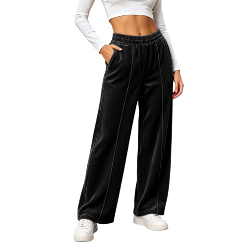 Velvet Pants Women Elastic Waist Wide Leg Casual Trousers with Pockets Fall - image 1