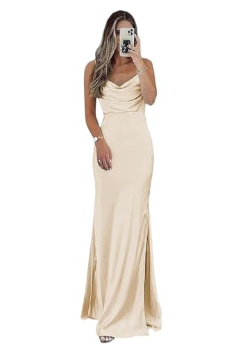 Long Satin Bridesmaid Dresses Spaghetti Straps Cowl Neck Formal Evening Dress with Slit